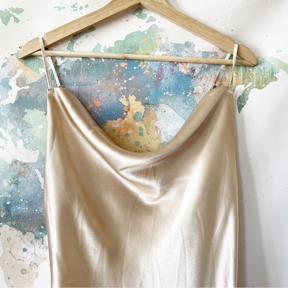 Birdy Grey Dress Size Medium Gold Satin Spaghetti Strap Cowl Neck Ruched Formal - Picture 2 of 12